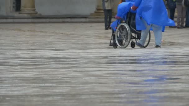 Muž na invalidním vozíku v dešti — Stock video
