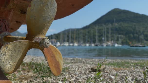 Rusty Propeller near Shore — Stock Video