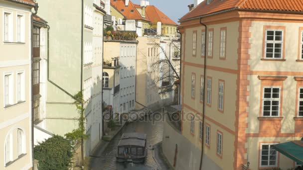 Boat Passing Small Vltava River Man Builded Channel — Stock Video