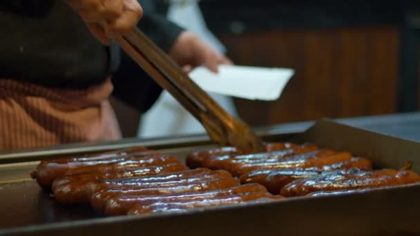 Cook Preparing Sausages Street Food — Stock Video