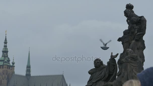 Braoque 在布拉格查尔斯桥上的圣雕像在一个灰色的秋季多云天 — 图库视频影像