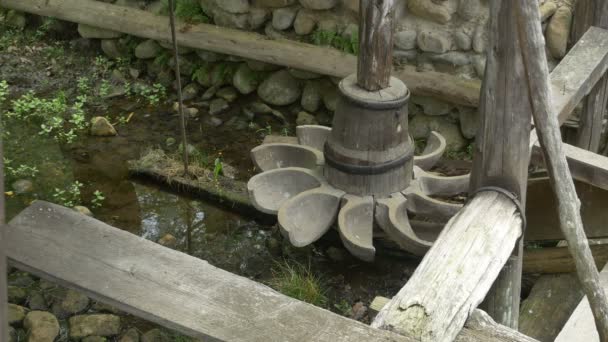 Holz Wassermühle Großer Propeller Mit Wasserbechern Und Welle — Stockvideo