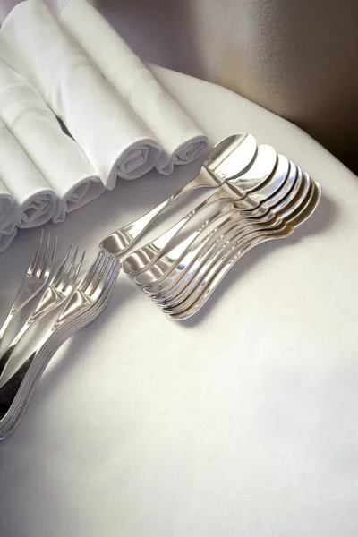 Spoons Forks Napkins Table — Stock Photo, Image