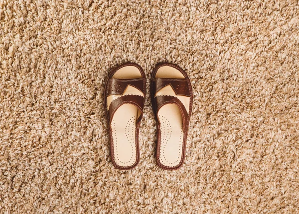 在地毯上的棕色拖鞋 — 图库照片