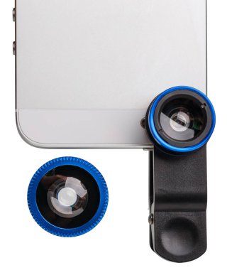Part of cell phone with clip lens kit isolated on white.  clipart
