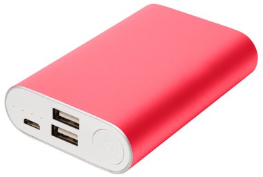 Pembe taşınabilir şarj cihazı üzerinde beyaz backgr izole tablet için