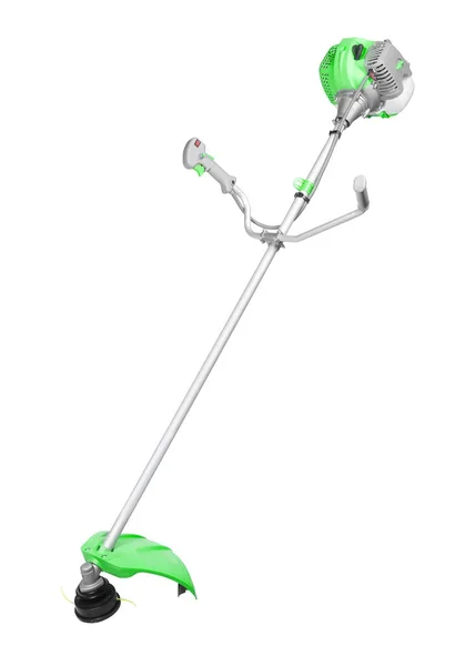 New modern green string trimmer with Gasoline-engine isolated on white background. Vertical shot