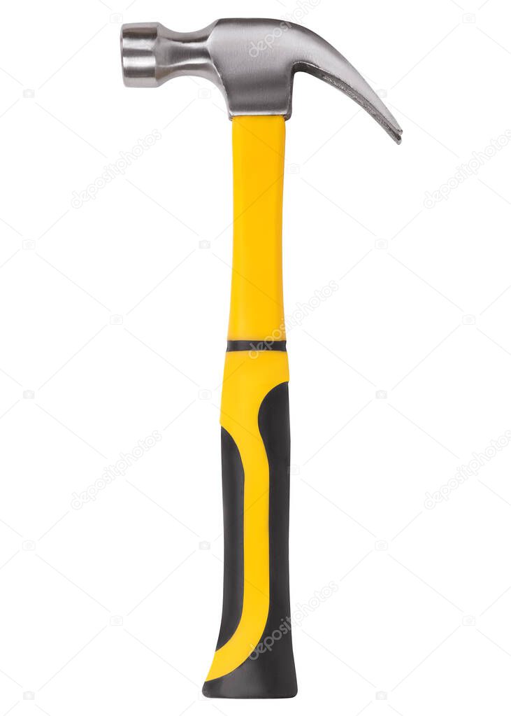 Claw hammer with yellow rubber handle isolated on white backgroun