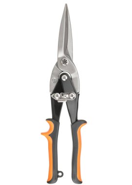 Metal için kapalı makas, turuncu saplı kauçuk saplı, beyaz bir grupta izole edilmiş.
