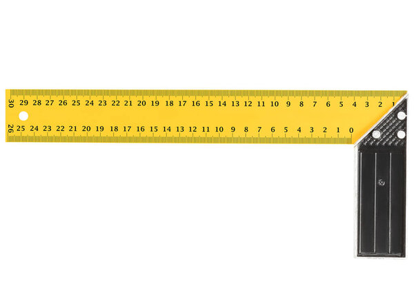 Yellow and black Metal construction square triangle ruler isolated on white backgroun