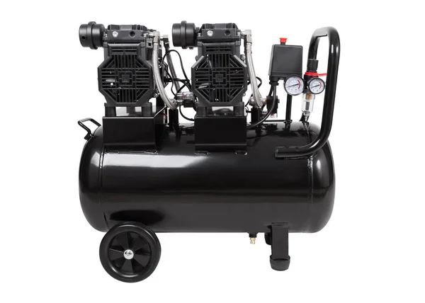 Ölfreier Tragbarer Einstufiger Luftkompressor Schwarzer Luftkompressor Seitenansicht Isoliert Auf Weißem — Stockfoto