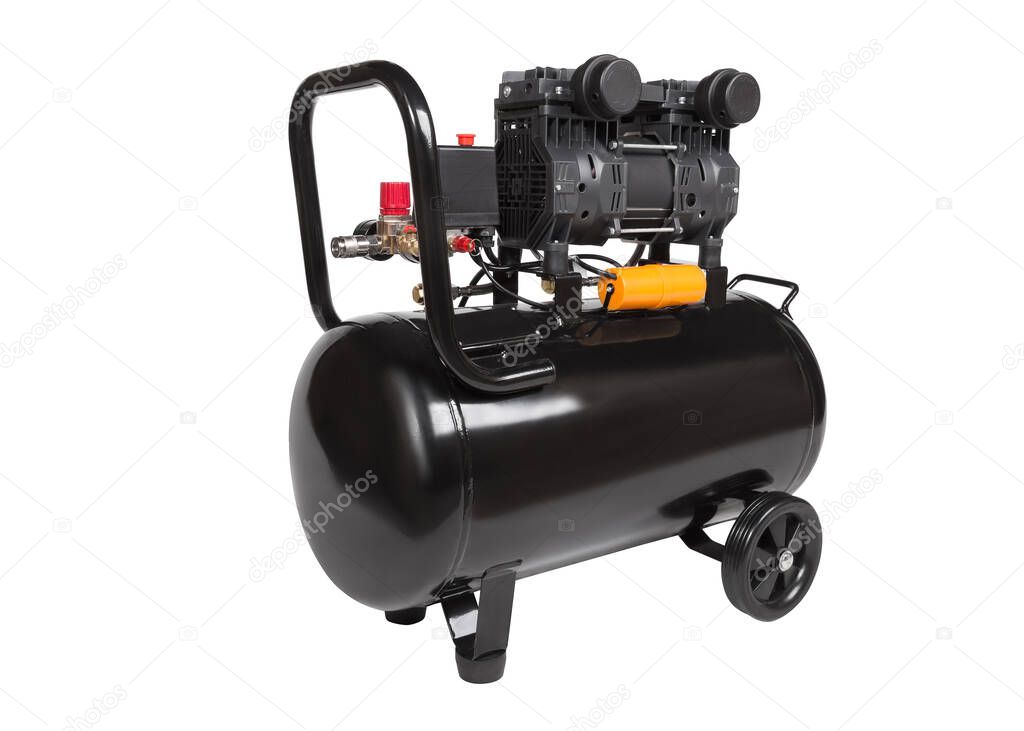 Oil-free portable single-stage air compressor. Black air compressor. Angle view. Isolated on a white backgroun
