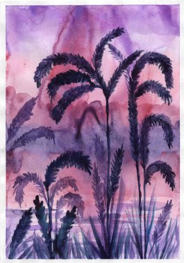 sivri uçlu siyah siluet gün batımı mor menekşe gökyüzü suluboya çizimi