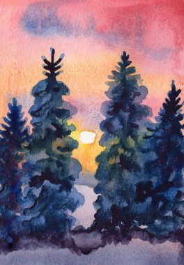 kış gün batımı köknar ağaçları suluboya kartpostal