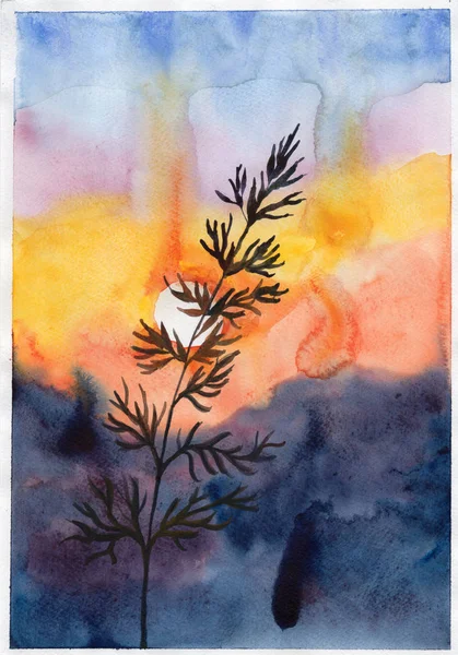 Aquarelle Illustration Coucher Soleil Soirée Épis Fleurs Orange Jaune Bleu — Photo