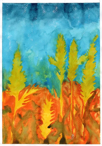 Herfst Spikeletten Geel Oranje Blauw Lucht Aquarel Illustratie — Stockfoto