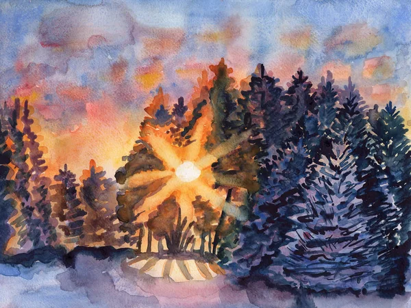 Winter Sneeuw Bos Zonsondergang Aquarel Illustratie — Stockfoto