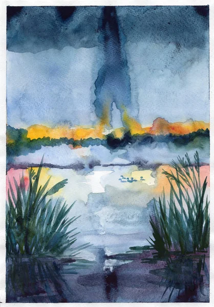fog sunset water river plants blue cloudy sky watercolor illustration