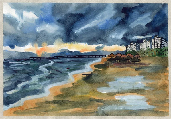 Θέα Στη Θάλασσα Ηλιοβασίλεμα Σύννεφα Ακουαρέλα Απεικόνιση — Φωτογραφία Αρχείου