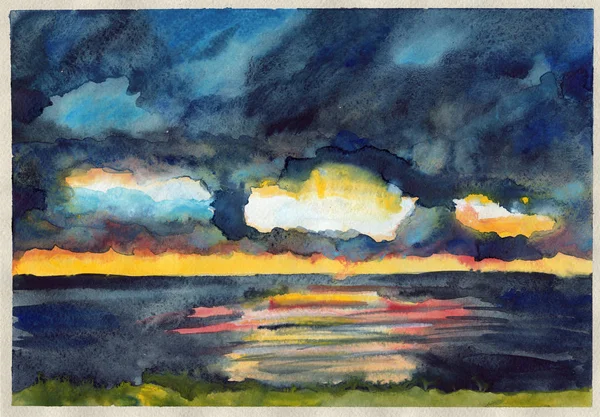 Zee Uitzicht Zonsondergang Wolken Aquarel Illustratie — Stockfoto