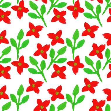 kırmızı çiçekler yeşil yapraklar dalsız desen