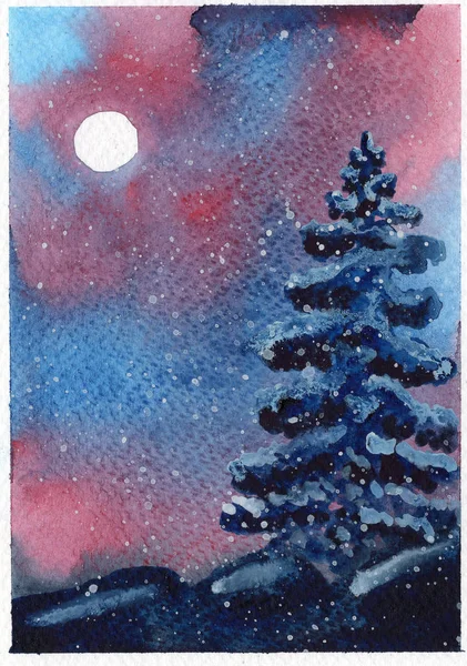Aquarel Kerst Ansichtkaart Dennenbomen Noorderlicht Maan — Stockfoto