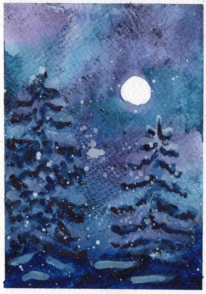 Aquarel Kerst Ansichtkaart Dennenbomen Noorderlicht Maan — Stockfoto