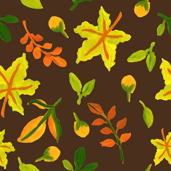 Nahtloses Muster Mit Herbstblättern Auf Braunem Hintergrund Handgezeichnet Gelb Grün — Stockfoto