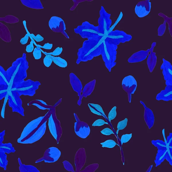 Seamless Pattern Classic Blue Pantone Autumn Leaves Dark Background Hand — Stock Photo, Image