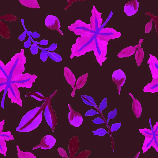 Seamless Pattern Violet Autumn Leaves Dark Background Hand Drawn Doodles — Stock Photo, Image