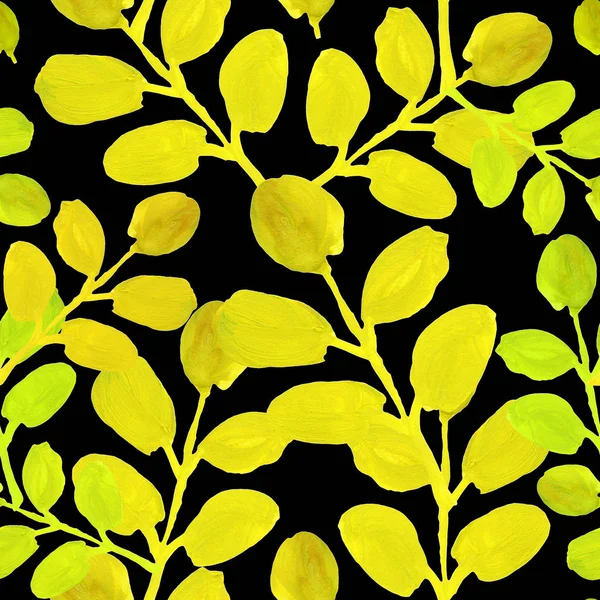 Płynny Wzór Żółtymi Liśćmi Czarnym Tle Ręcznie Rysowane Gałęzie Drzew — Zdjęcie stockowe