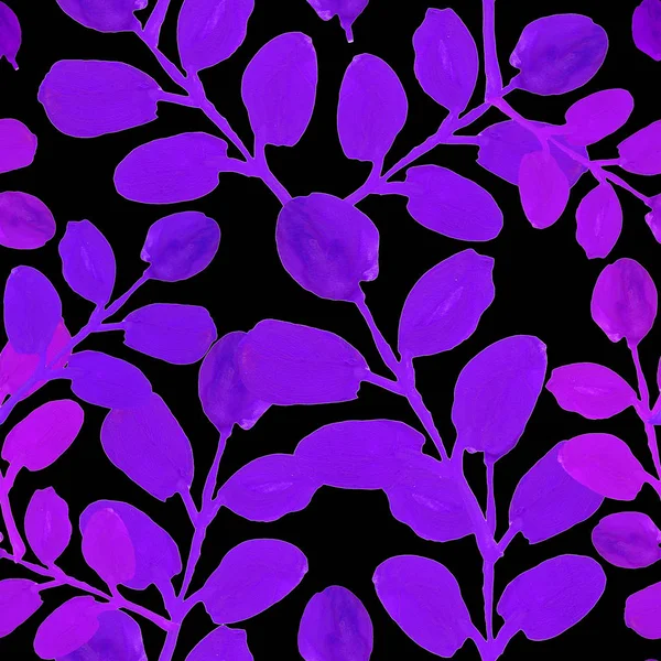 Nahtloses Muster Mit Lila Blättern Auf Schwarzem Hintergrund Handgezeichnete Äste — Stockfoto