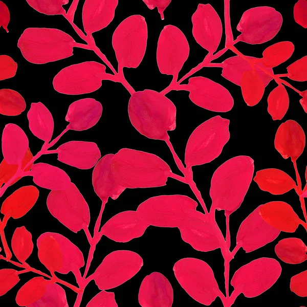 Rote Blätter Zweig Gouache Zeichnung Nahtlose Muster Schwarzer Hintergrund — Stockfoto