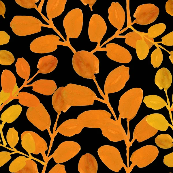 Naadloos Patroon Met Oranje Bladeren Zwarte Achtergrond Handgetekende Boomtakken Gouache — Stockfoto