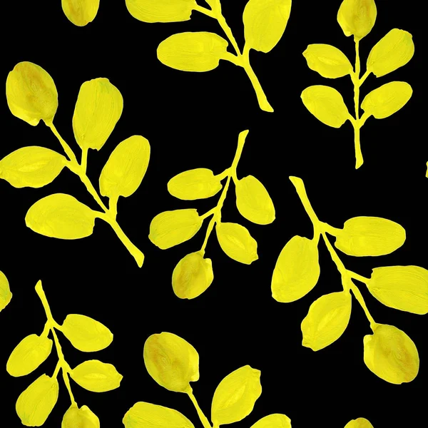 无缝图案 黄色叶子 黑色背景 手拉着树枝 古奇和水彩画 植物装饰质感 纺织品 明信片和包装纸 — 图库照片