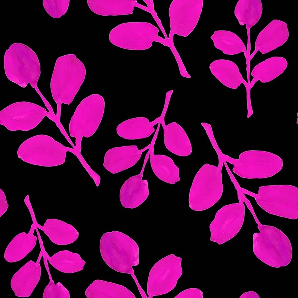 Seamless Pattern Pink Leaves Black Background Hand Drawn Tree Branches — Stock Photo, Image