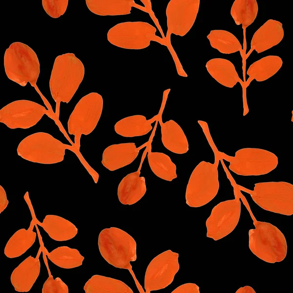 Бесшовный Рисунок Оранжевыми Листьями Черном Фоне Ручные Ветви Дерева Гуашь — стоковое фото