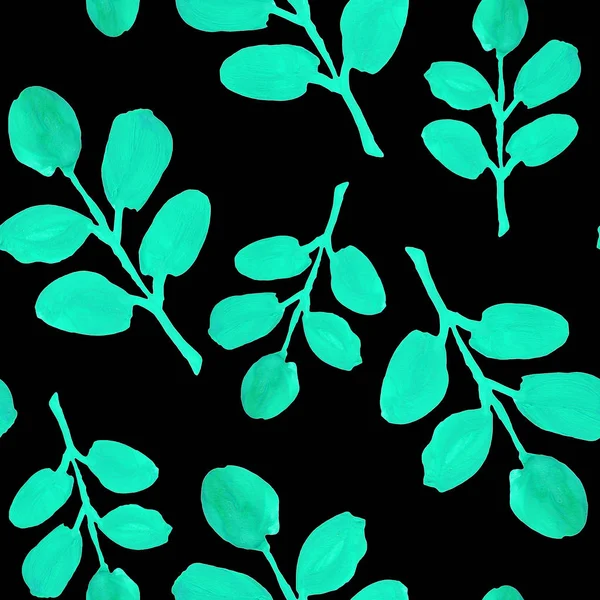 Nahtloses Muster Mit Türkisgrünen Blättern Auf Schwarzem Hintergrund Handgezeichnete Äste — Stockfoto