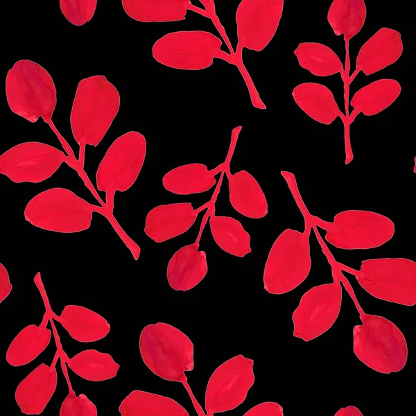 Red Leaves Branch Gouache Drawing Seamless Pattern Black Background — Stock Photo, Image