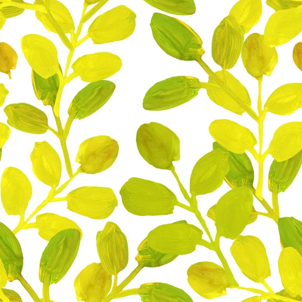 Summer Yellow Green Leaves Branch Gouache Drawing Seamless Pattern — Stock Photo, Image