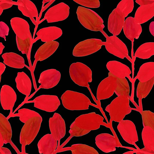 Rote Blätter Zweig Gouache Zeichnung Nahtlose Muster Schwarzer Hintergrund — Stockfoto
