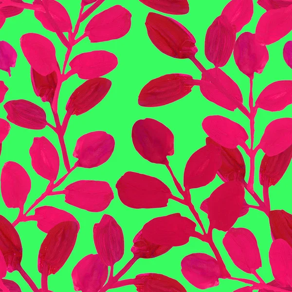 Red Leaves Branch Gouache Drawing Seamless Pattern Green Background — Stock Photo, Image