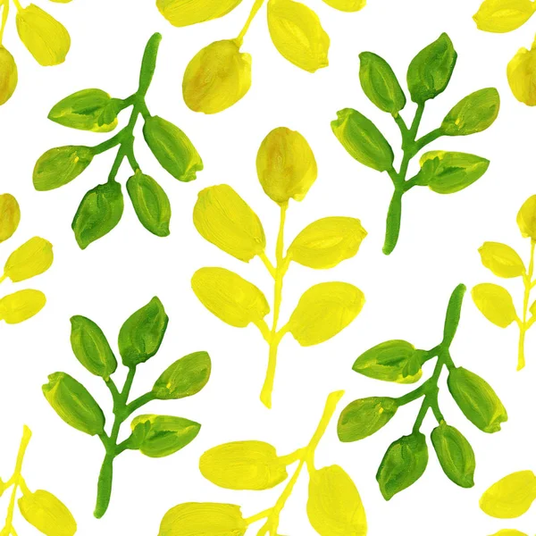 Summer Yellow Green Leaves Branch Gouache Drawing Seamless Pattern — Stock Photo, Image