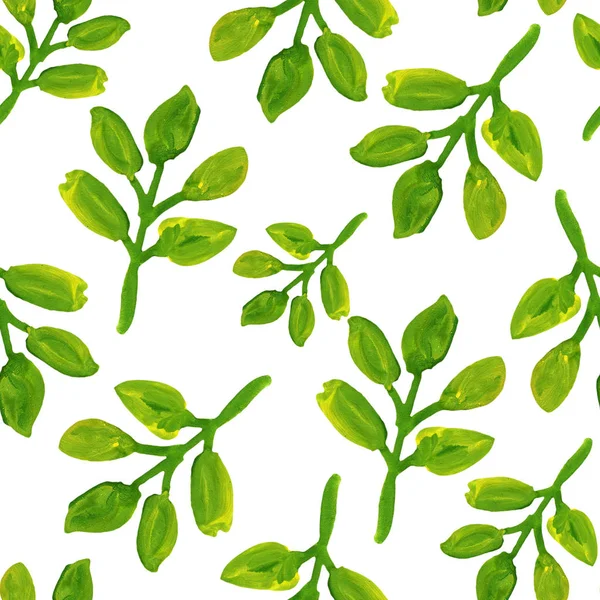 Summer Green Leaves Branch Gouache Drawing Seamless Pattern — Stock Photo, Image