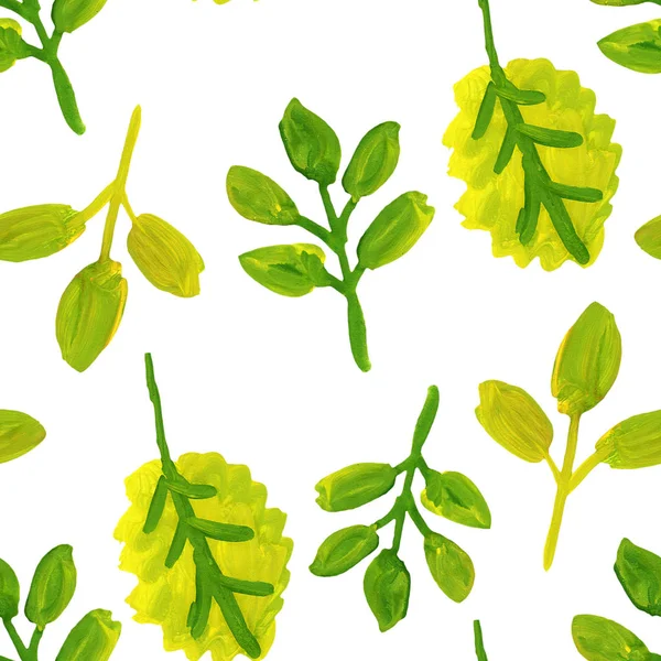 Summer Green Leaves Branch Gouache Drawing Seamless Pattern — Stock Photo, Image
