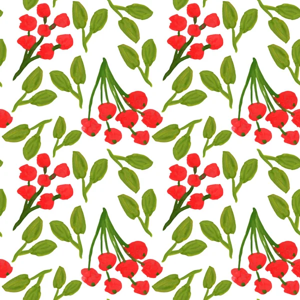 Rote Beeren Grüne Blätter Nahtloses Muster — Stockfoto