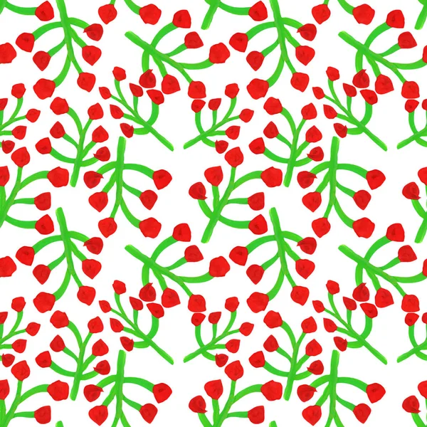 Rojo Brillante Flores Verdes Bayas Patrón Sin Costura — Foto de Stock