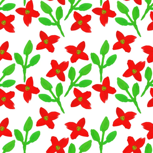 Röda Blommor Gröna Blad Gren Sömlös Mönster — Stockfoto