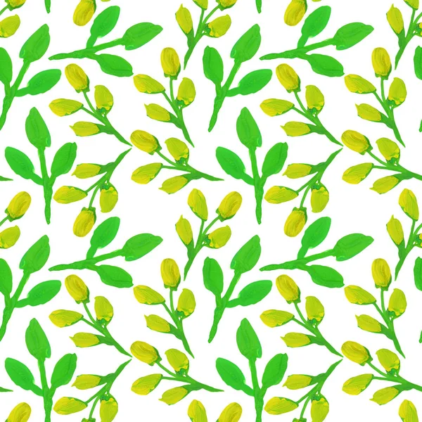 Yellow Flowers Green Leaves Branch Seamless Pattern — Stock Photo, Image