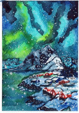 Norveç kış manzarası. El yapımı suluboya kartpostal. Yeşil ve turkuaz kuzey ışıkları. Karlı dağlar. Kırmızı evler. Mutlu Noeller.